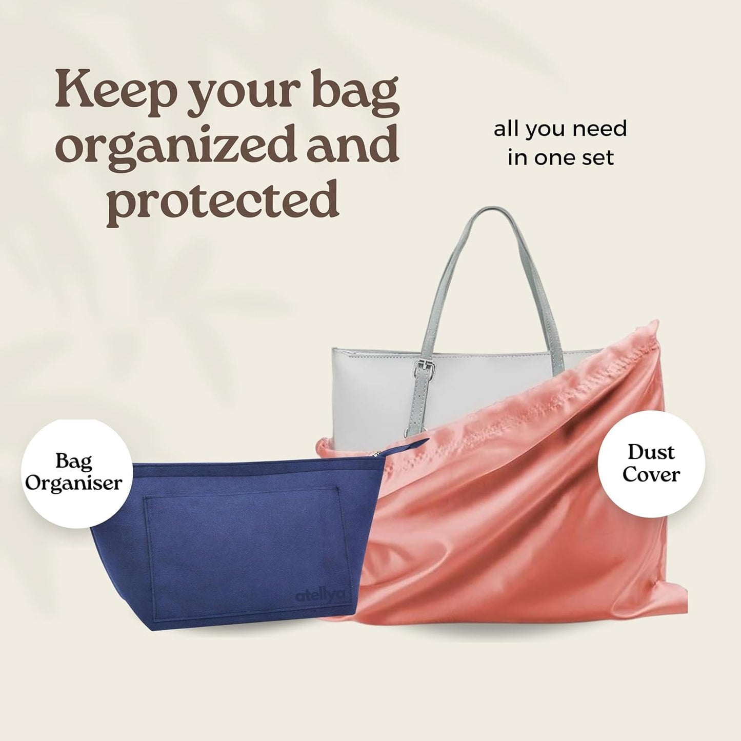 Atellya Purse Organizer Insert for Longchamp Le Pliage L with Satin Dust Cover Bag Handbag Insert Felt Long Champ Tote Bag Organizer Full Zip