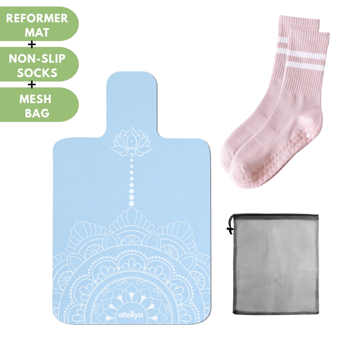 Atellya Pilates Reformer Mat,  Yoga Mat Set with Grip Socks & Mesh Bag – Lightweight Non Slip Design - Blue