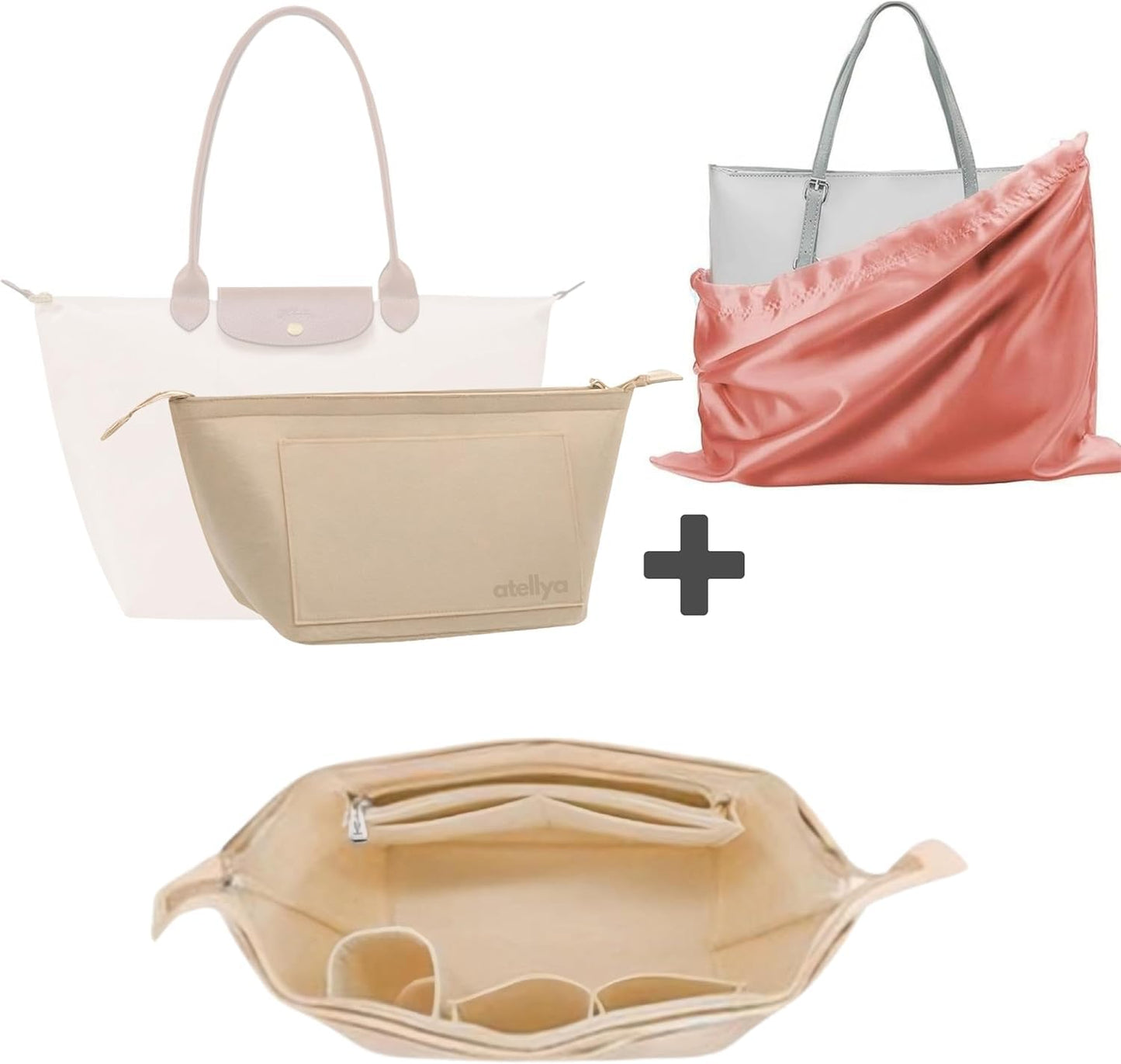 Atellya Purse Organizer Insert for Longchamp Le Pliage L with Satin Dust Cover Bag Handbag Insert Felt Long Champ Tote Bag Organizer Full Zip