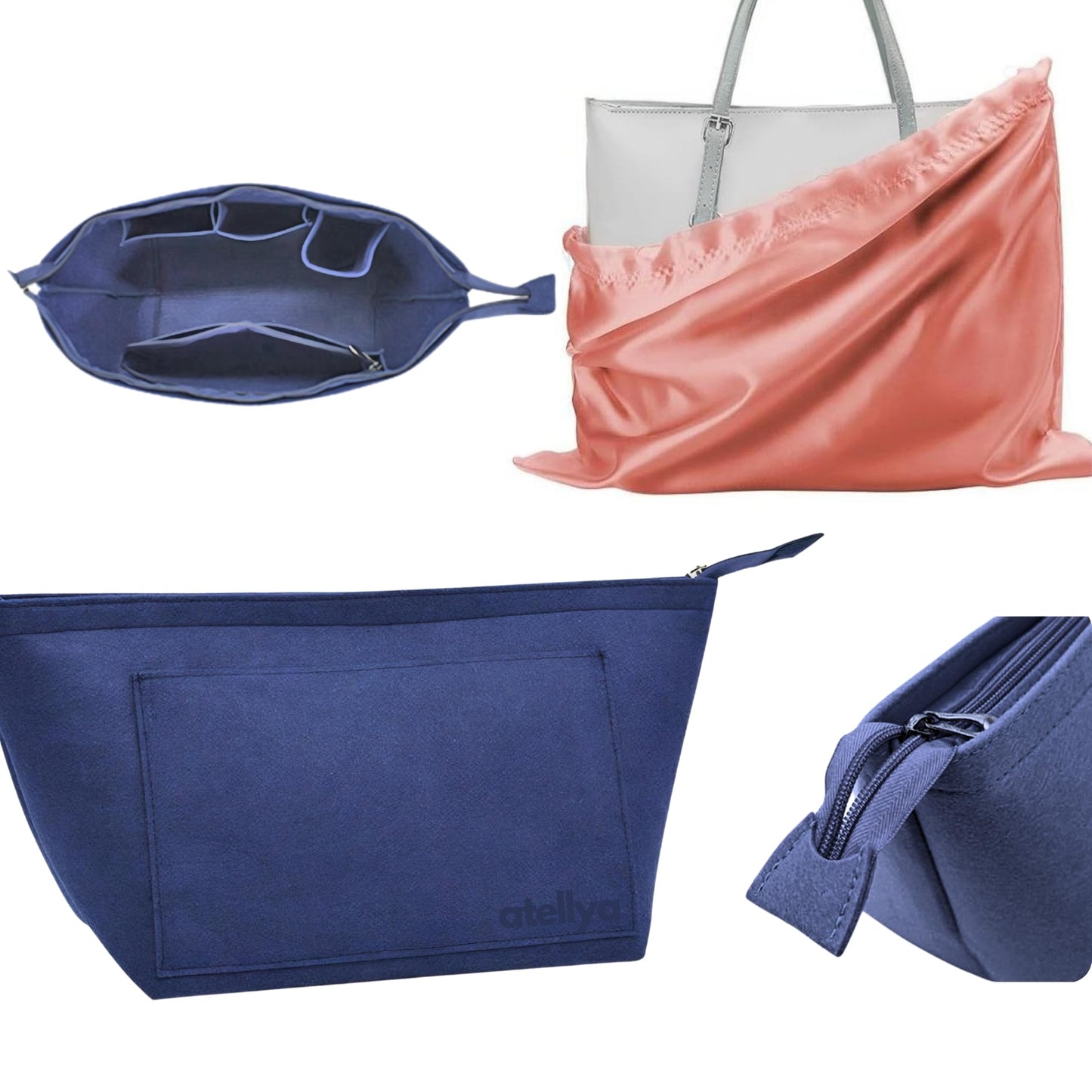 Atellya Purse Organizer Insert for Longchamp Le Pliage L with Satin Dust Cover Bag Handbag Insert Felt Long Champ Tote Bag Organizer Full Zip