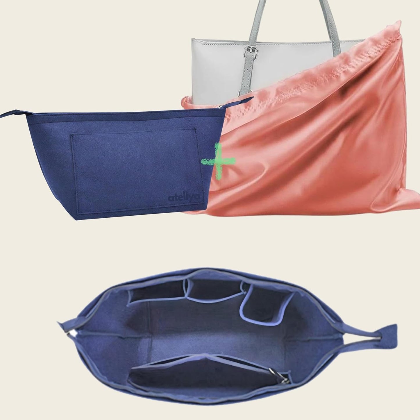 Atellya Purse Organizer Insert for Longchamp Le Pliage L with Satin Dust Cover Bag Handbag Insert Felt Long Champ Tote Bag Organizer Full Zip