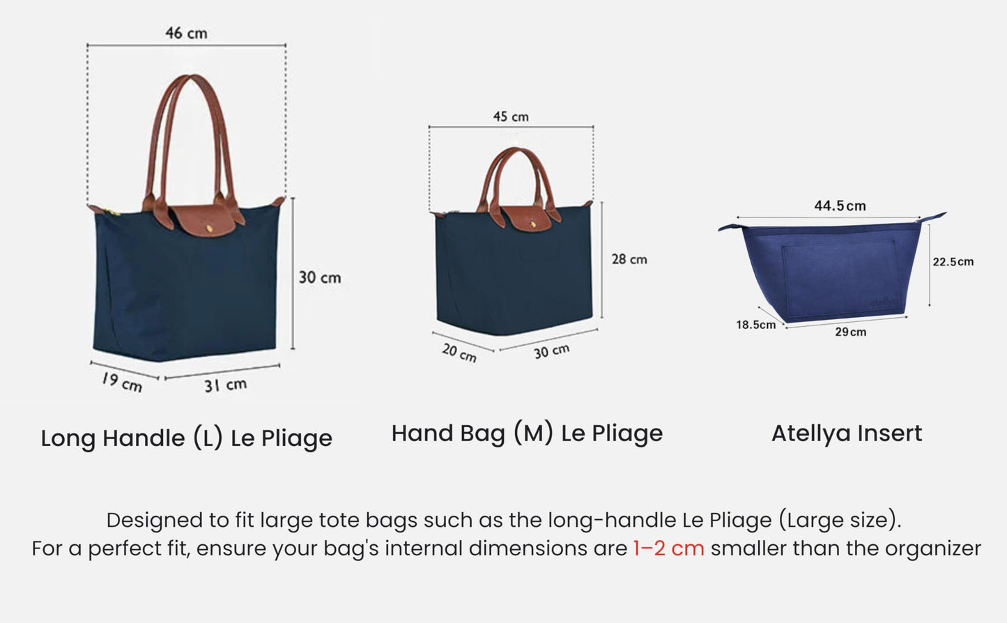 Atellya Purse Organizer Insert for Longchamp Le Pliage L with Satin Dust Cover Bag Handbag Insert Felt Long Champ Tote Bag Organizer Full Zip