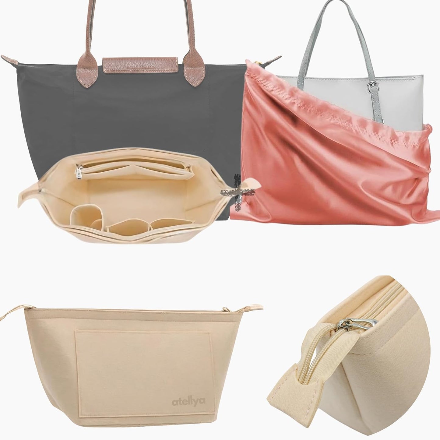 Atellya Purse Organizer Insert for Longchamp Le Pliage L with Satin Dust Cover Bag Handbag Insert Felt Long Champ Tote Bag Organizer Full Zip