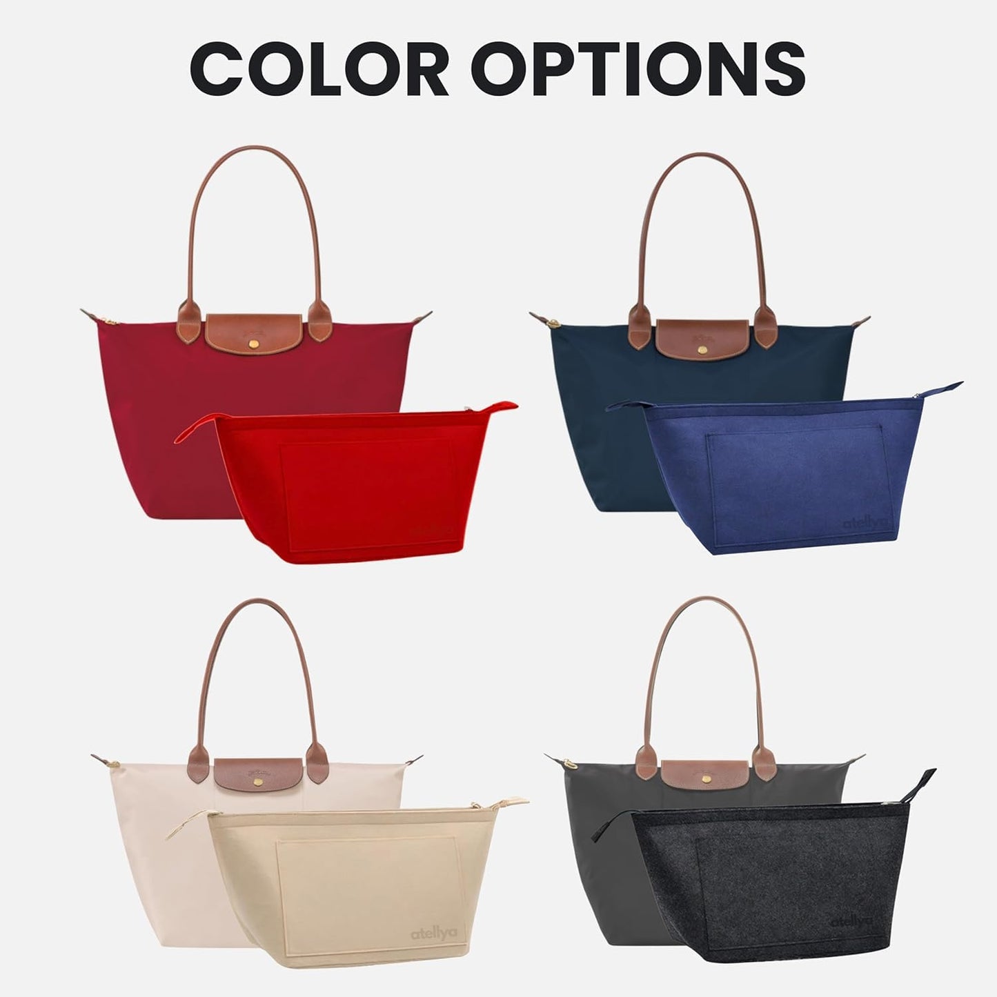 Atellya Purse Organizer Insert for Longchamp Le Pliage L with Satin Dust Cover Bag Handbag Insert Felt Long Champ Tote Bag Organizer Full Zip