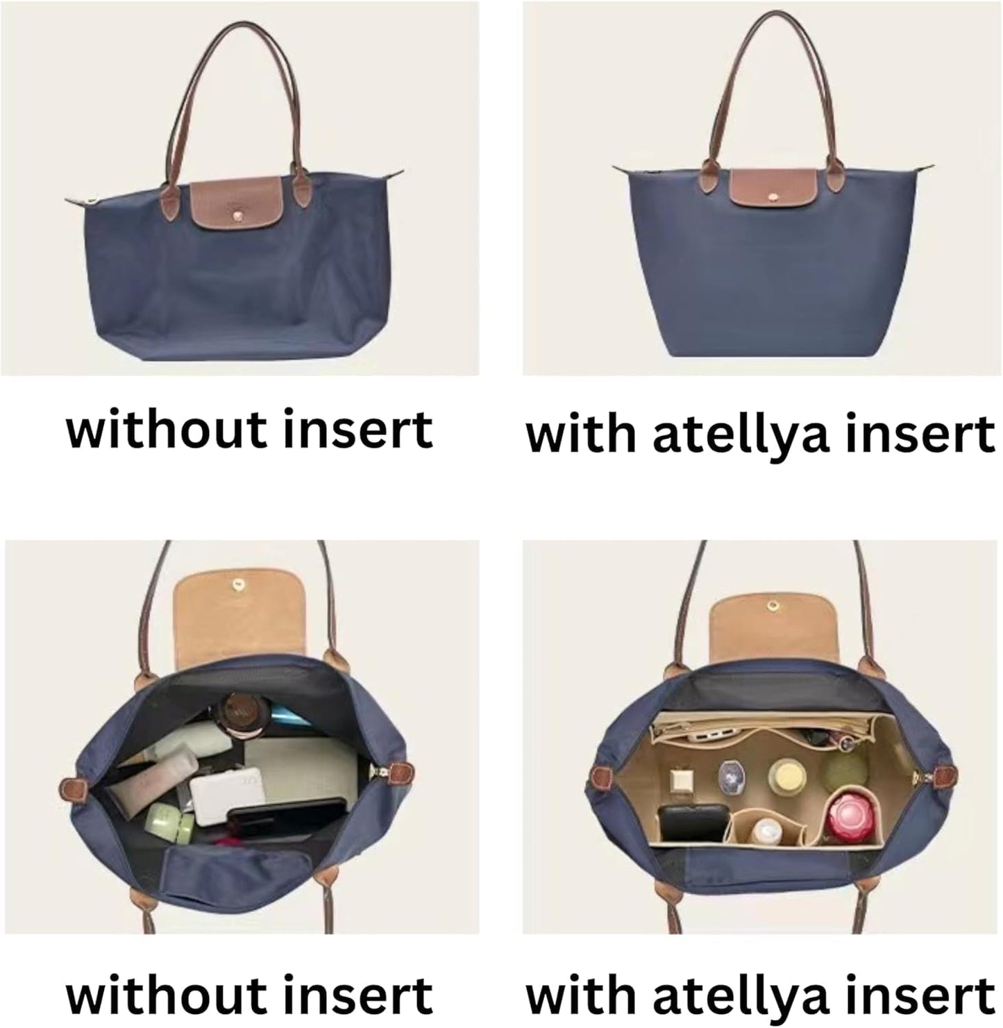 Atellya Purse Organizer Insert for Longchamp Le Pliage L with Satin Dust Cover Bag Handbag Insert Felt Long Champ Tote Bag Organizer Full Zip
