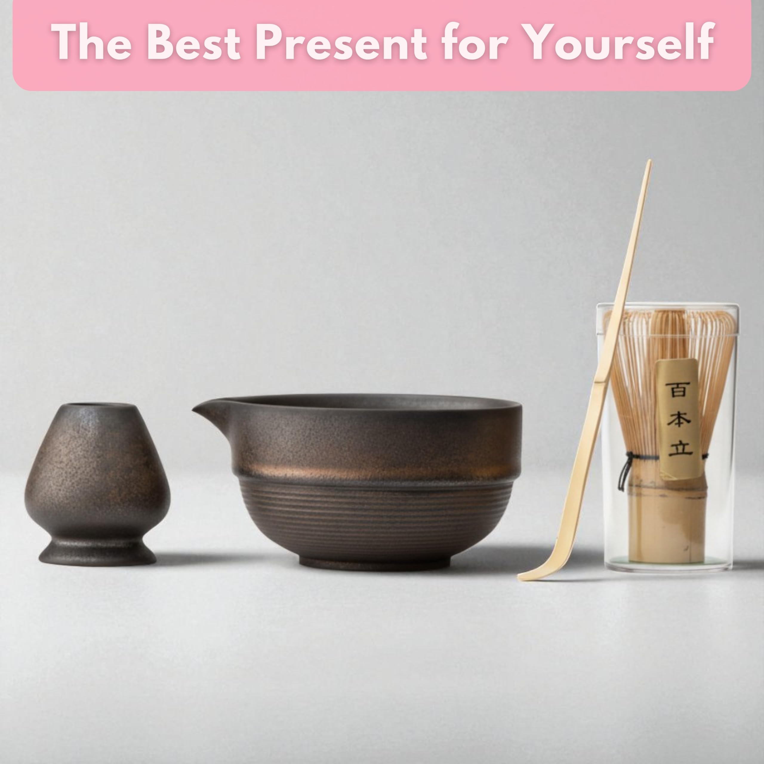 Atellya Matcha Whisk Set, Matcha Set, Scoop, Matcha Whisk Stand ,Matcha Bowl, Matcha Kit for Ceremony, Set for Matcha Latte  - Perth Copper Brown