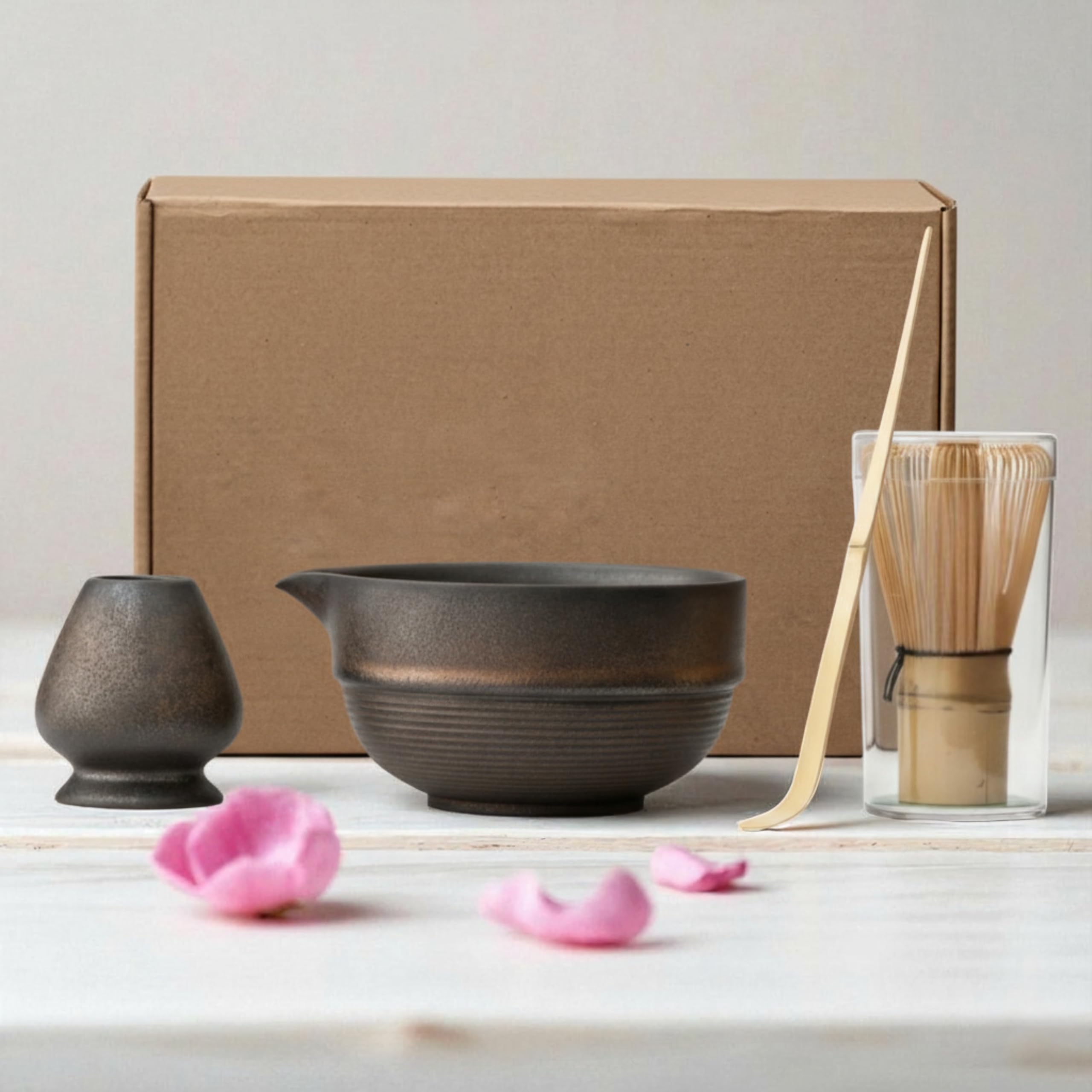 Atellya Matcha Whisk Set, Matcha Set, Scoop, Matcha Whisk Stand ,Matcha Bowl, Matcha Kit for Ceremony, Set for Matcha Latte  - Perth Copper Brown