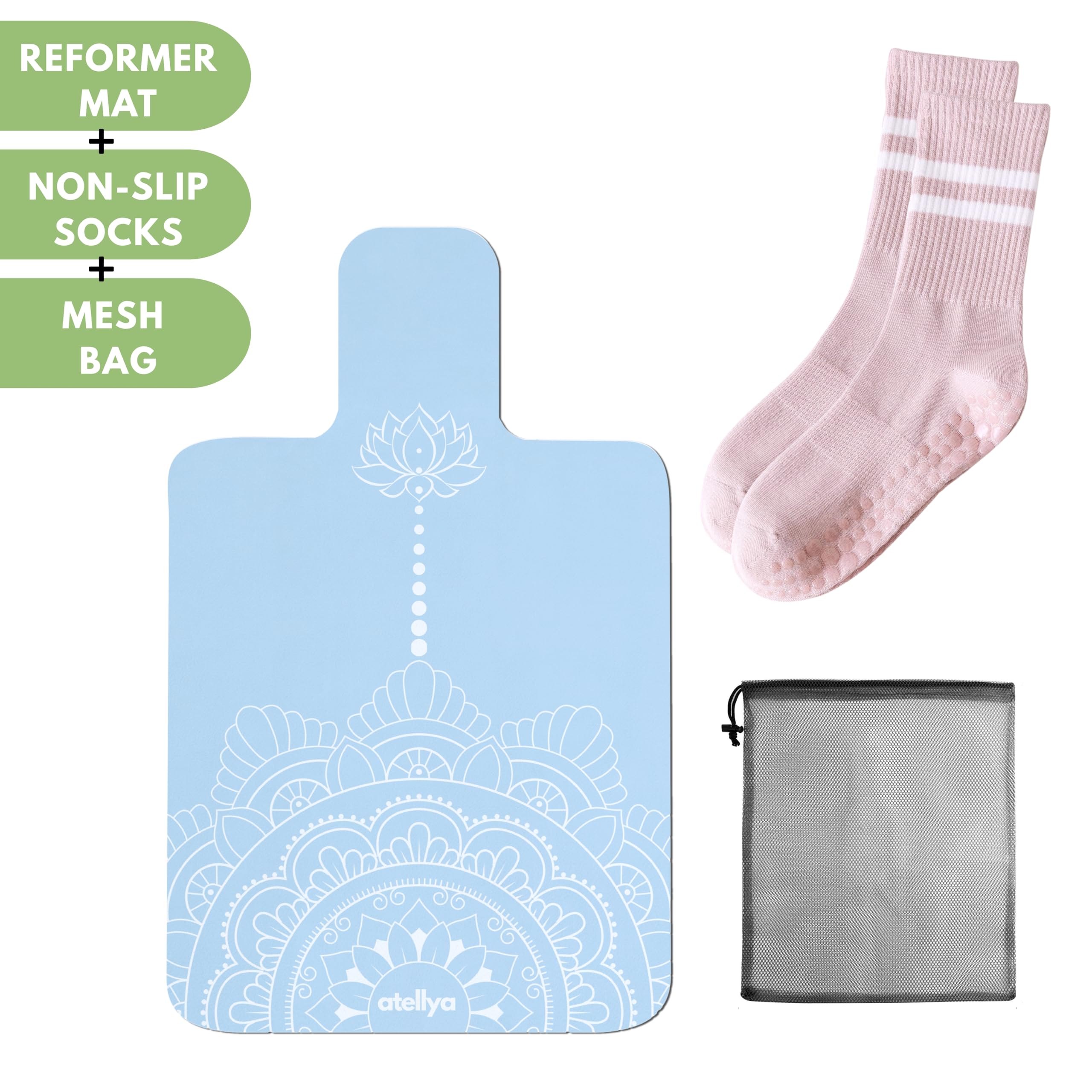 Atellya Pilates Reformer Mat,  Yoga Mat Set with Grip Socks & Mesh Bag – Lightweight Non Slip Design - Melbourne Blue