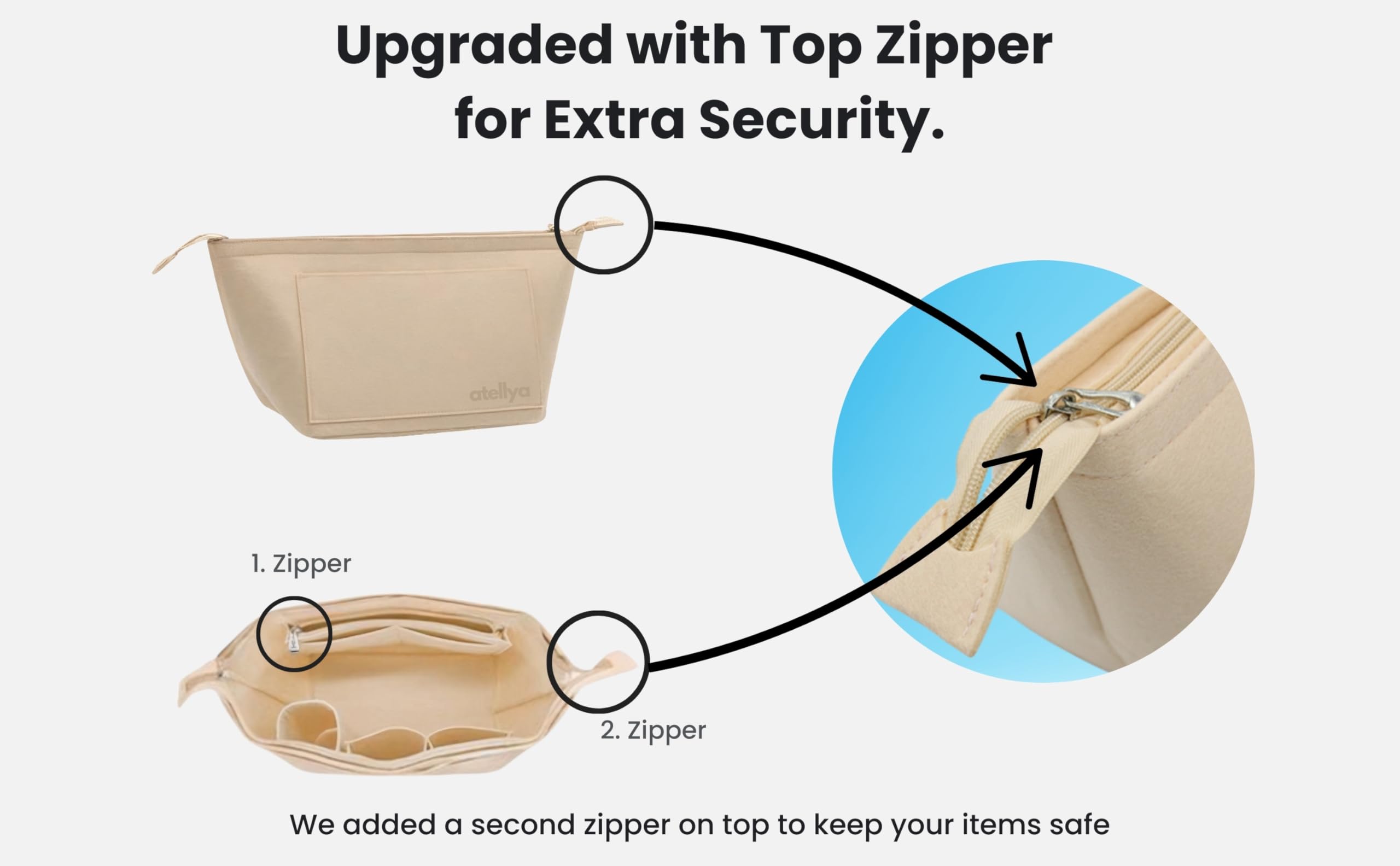 Atellya Purse Organizer Insert for Longchamp Le Pliage L with Satin Dust Cover Bag Handbag Insert Felt Long Champ Tote Bag Organizer Full Zip Melbourne Cream