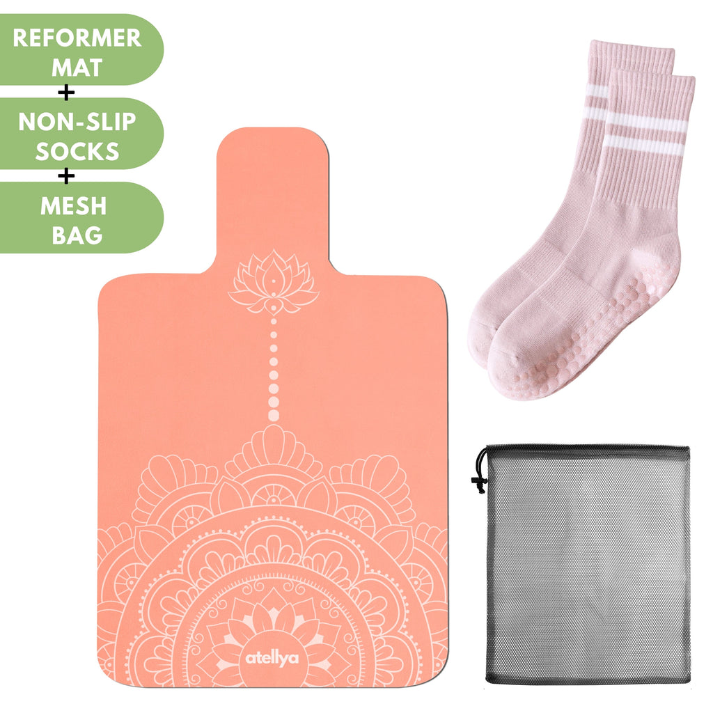 Atellya California Coral Pilates Reformer Mat Set – Non-Slip Pilates Mat + Grip Socks with Carry Bag Atellya