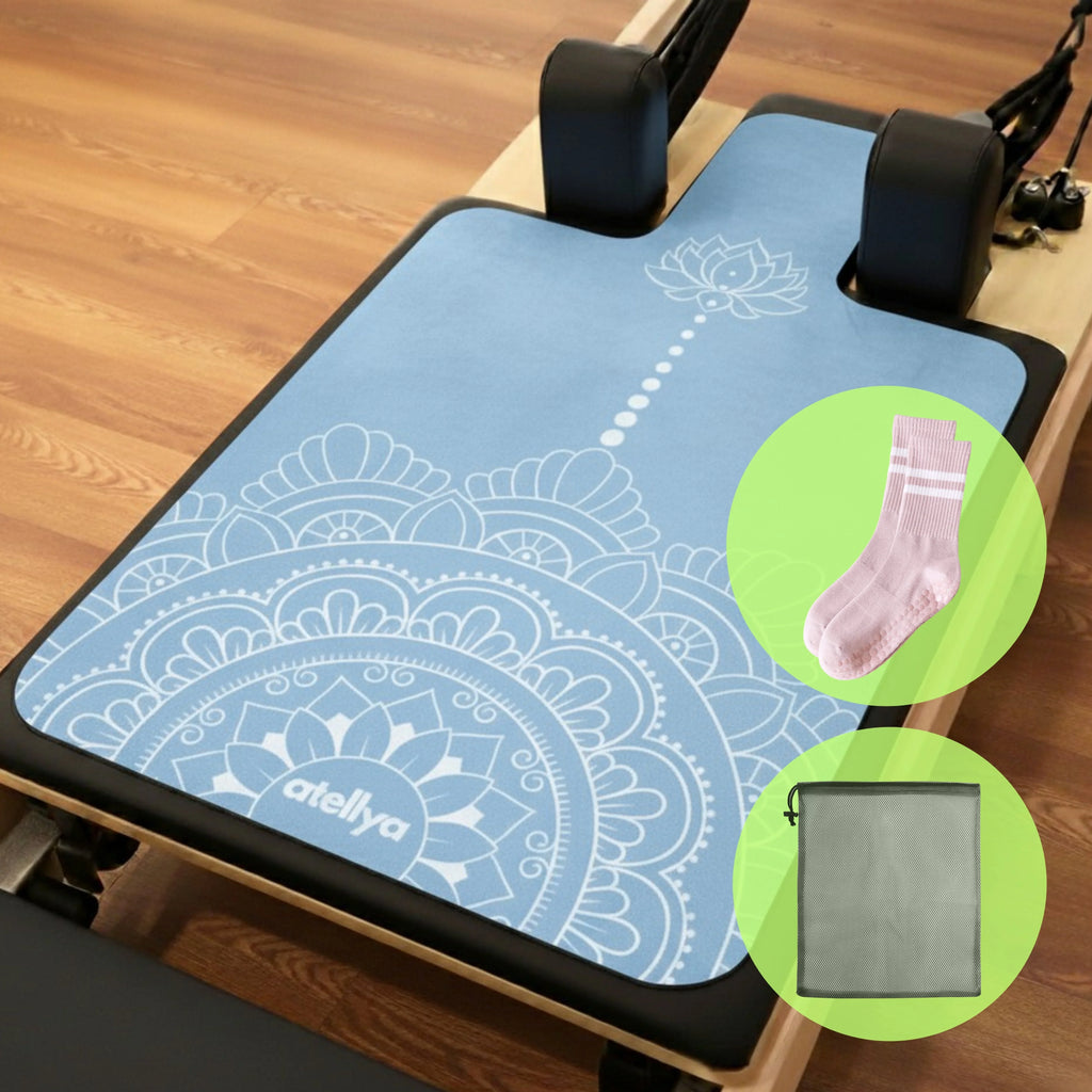 Atellya Melbourne Blue Pilates Reformer Mat Set – Non-Slip Pilates Mat + Grip Socks with Carry Bag Atellya