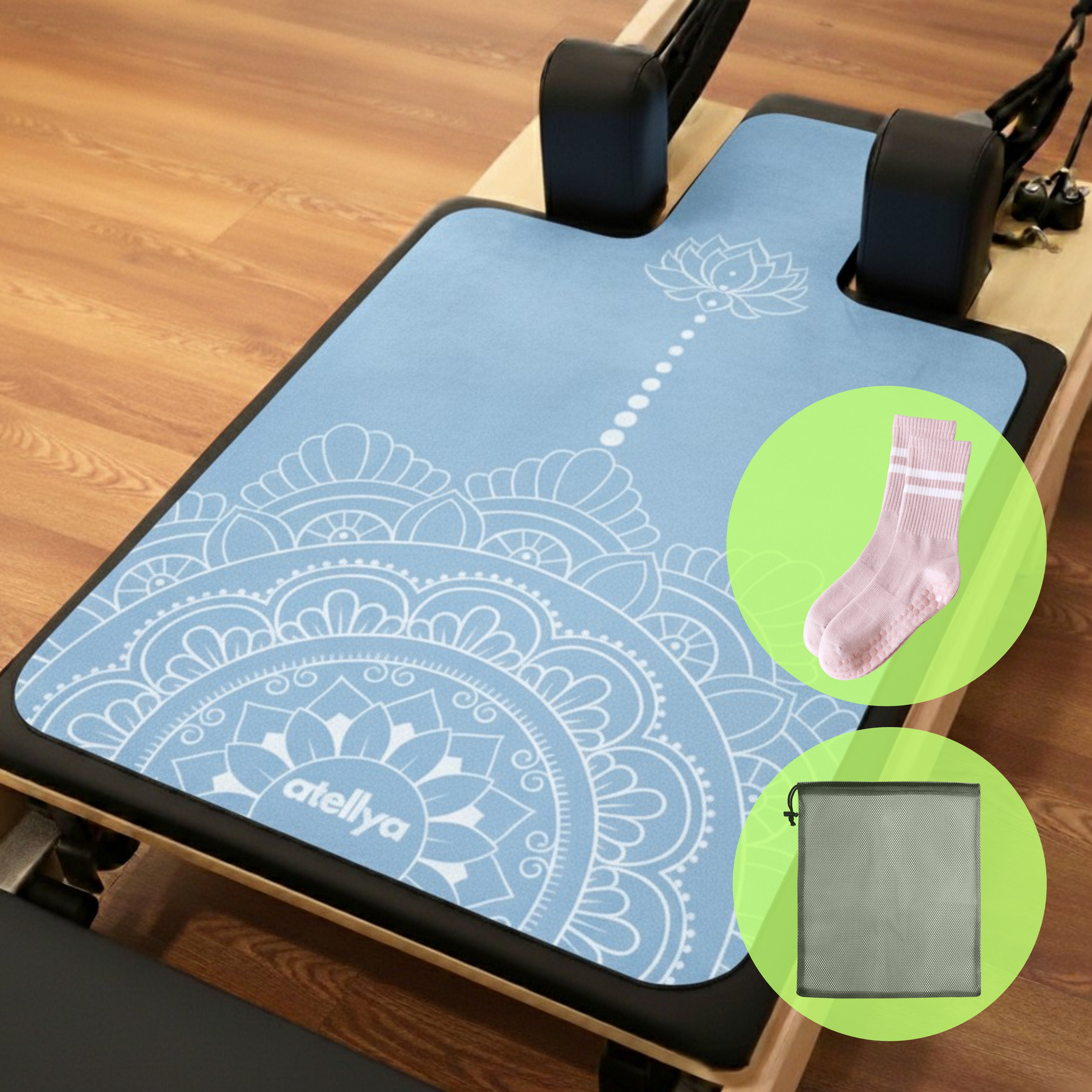 Atellya Pilates Reformer Mat,  Yoga Mat Set with Grip Socks & Mesh Bag – Lightweight Non Slip Design - Melbourne Blue