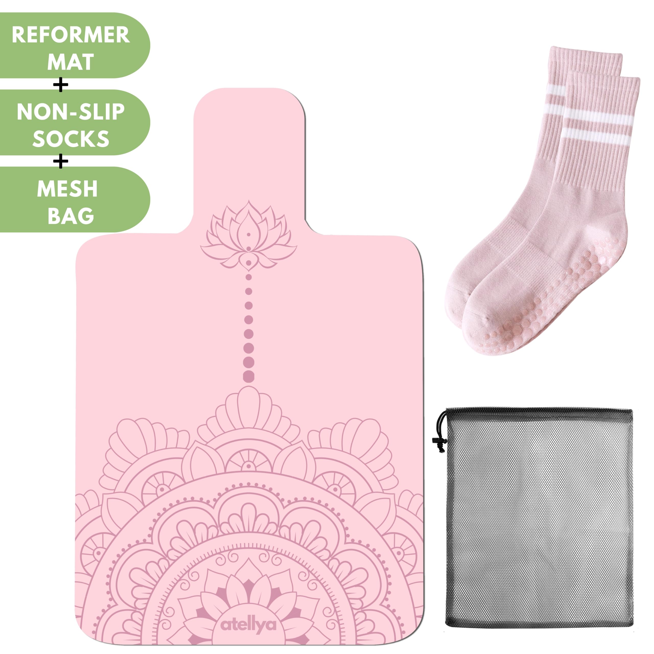 Atellya Pilates Reformer Mat,  Yoga Mat Set with Grip Socks & Mesh Bag – Lightweight Non Slip Design - Sydney Pink