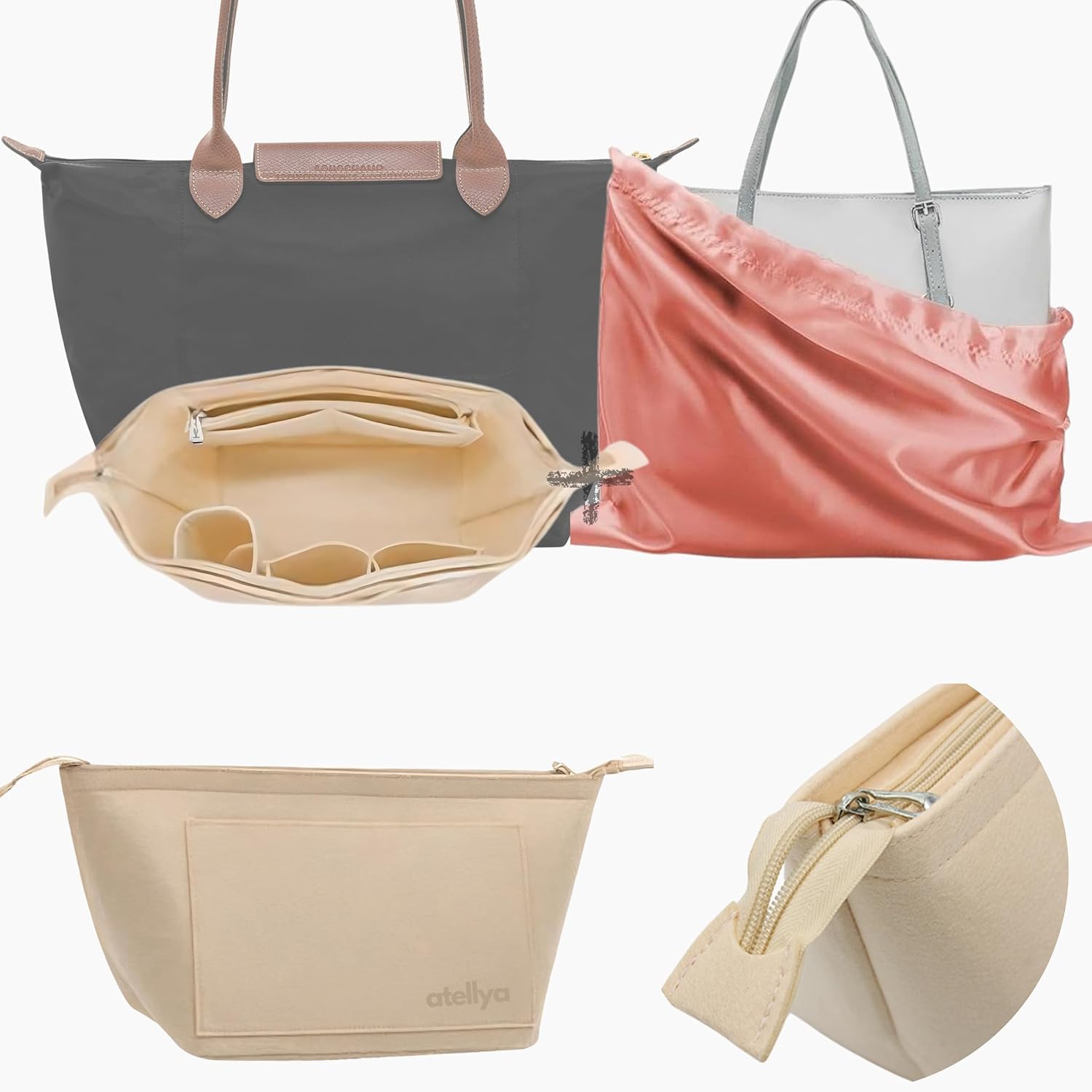 Atellya Purse Organizer Insert for Longchamp Le Pliage L with Satin Dust Cover Bag Handbag Insert Felt Long Champ Tote Bag Organizer Full Zip Sydney Blue