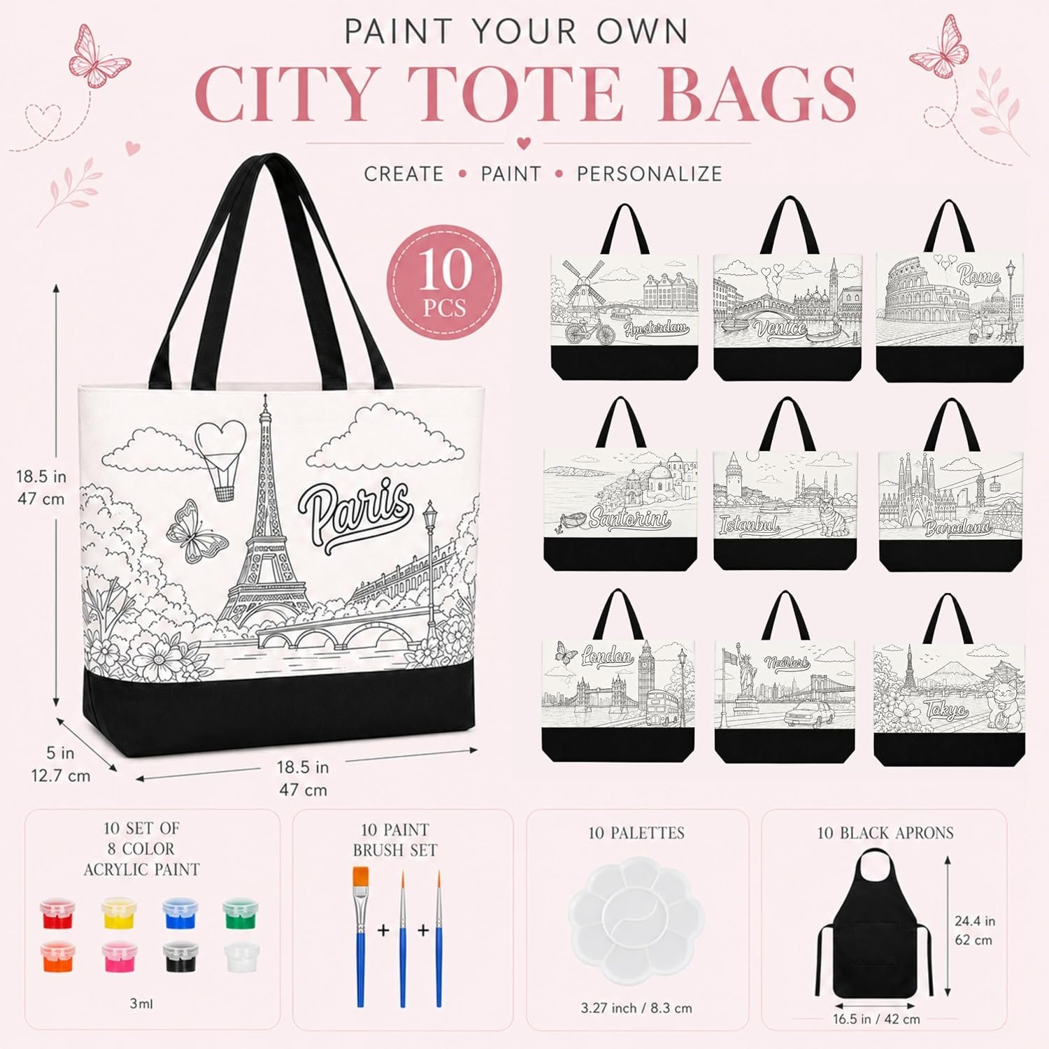 Atellya - Paint Your Own Tote Bag Kit – 10 Pre-Drawn Canvas Tote Bags for Adults & Parties - Image 2