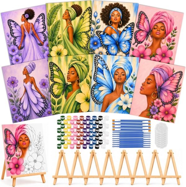 Atellya - Paint and Sip Kit for Adults – 8 Pre-Drawn Butterfly Lady Canvas Painting Set