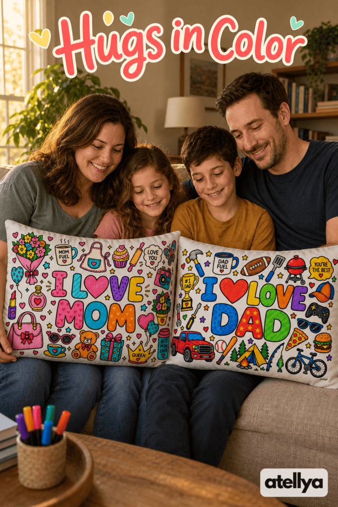 Children coloring I Love Mom and I Love Dad pillowcases with fabric markers