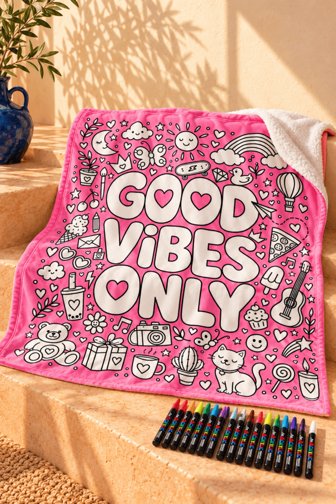 Good Vibes Only color your own sherpa blanket with 12 fabric markers