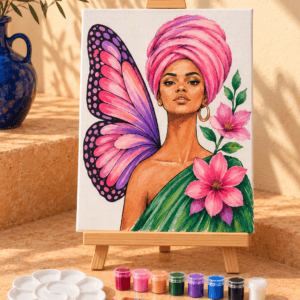 Pre-drawn woman and butterfly canvas paint and sip kit with paints, brushes and palette
