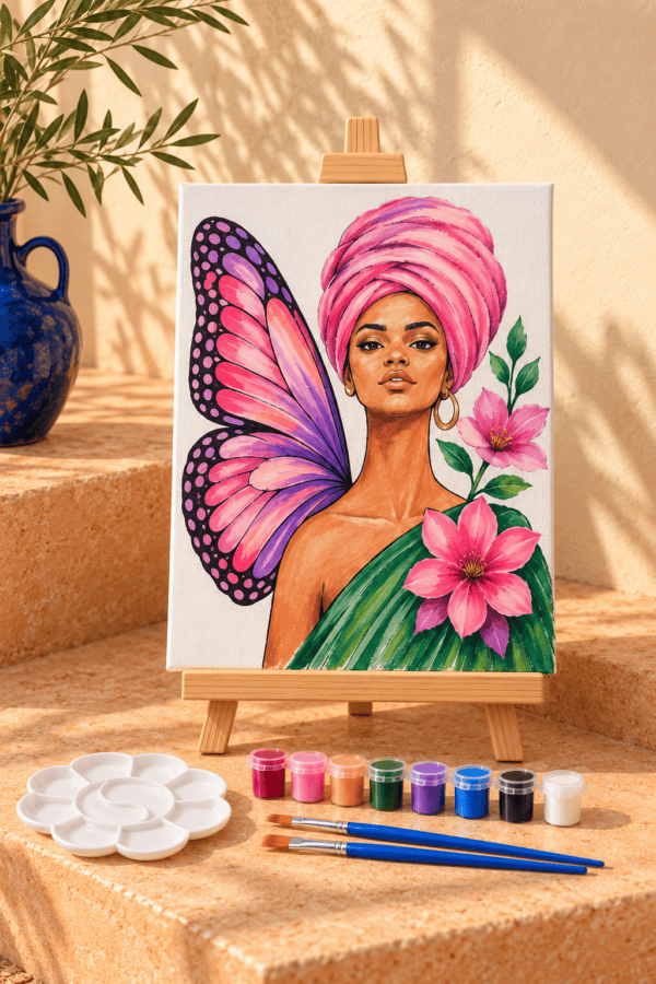 Pre-drawn woman and butterfly canvas paint and sip kit with paints, brushes and palette