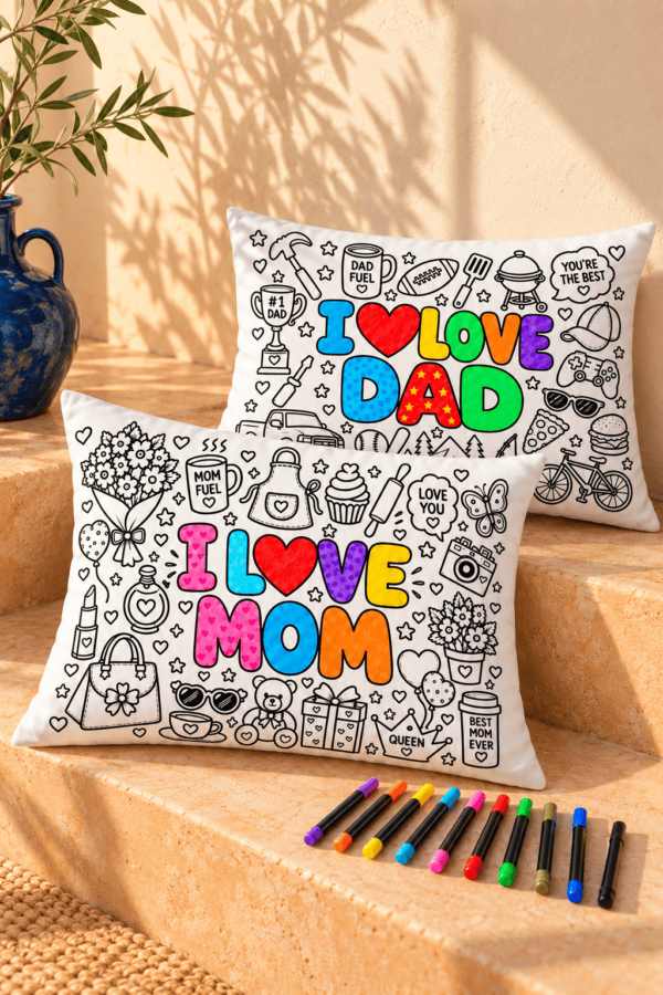 I Love You Mom and Dad pre-drawn pillowcases with 12 fabric markers