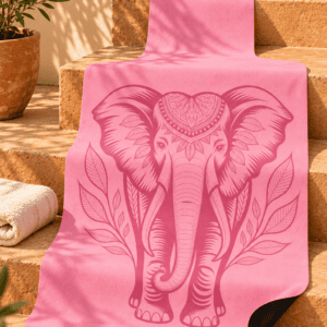 Lucky Elephant art Pilates mat hanging from the sunlit terracotta stairs