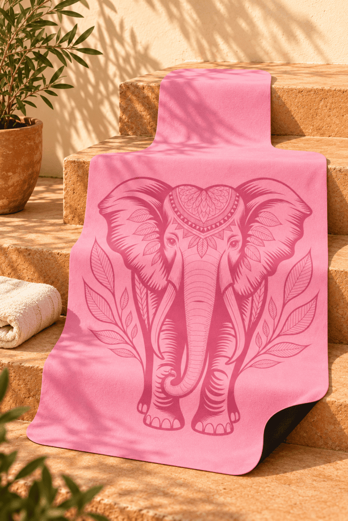 Lucky Elephant art Pilates mat hanging from the sunlit terracotta stairs