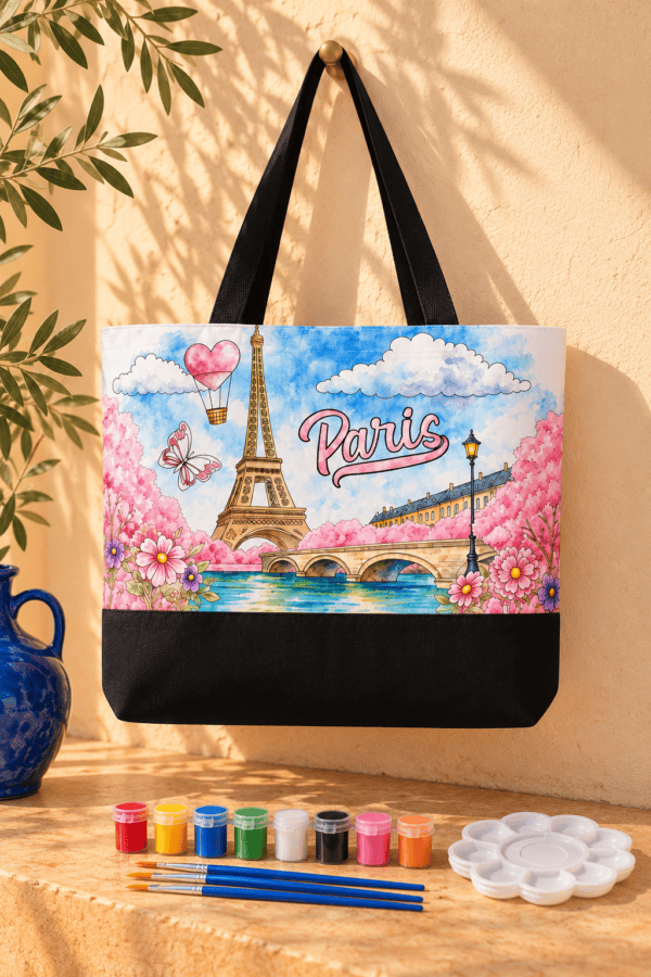 Paint your own Venice tote bag kit with acrylic paints, brushes and palette