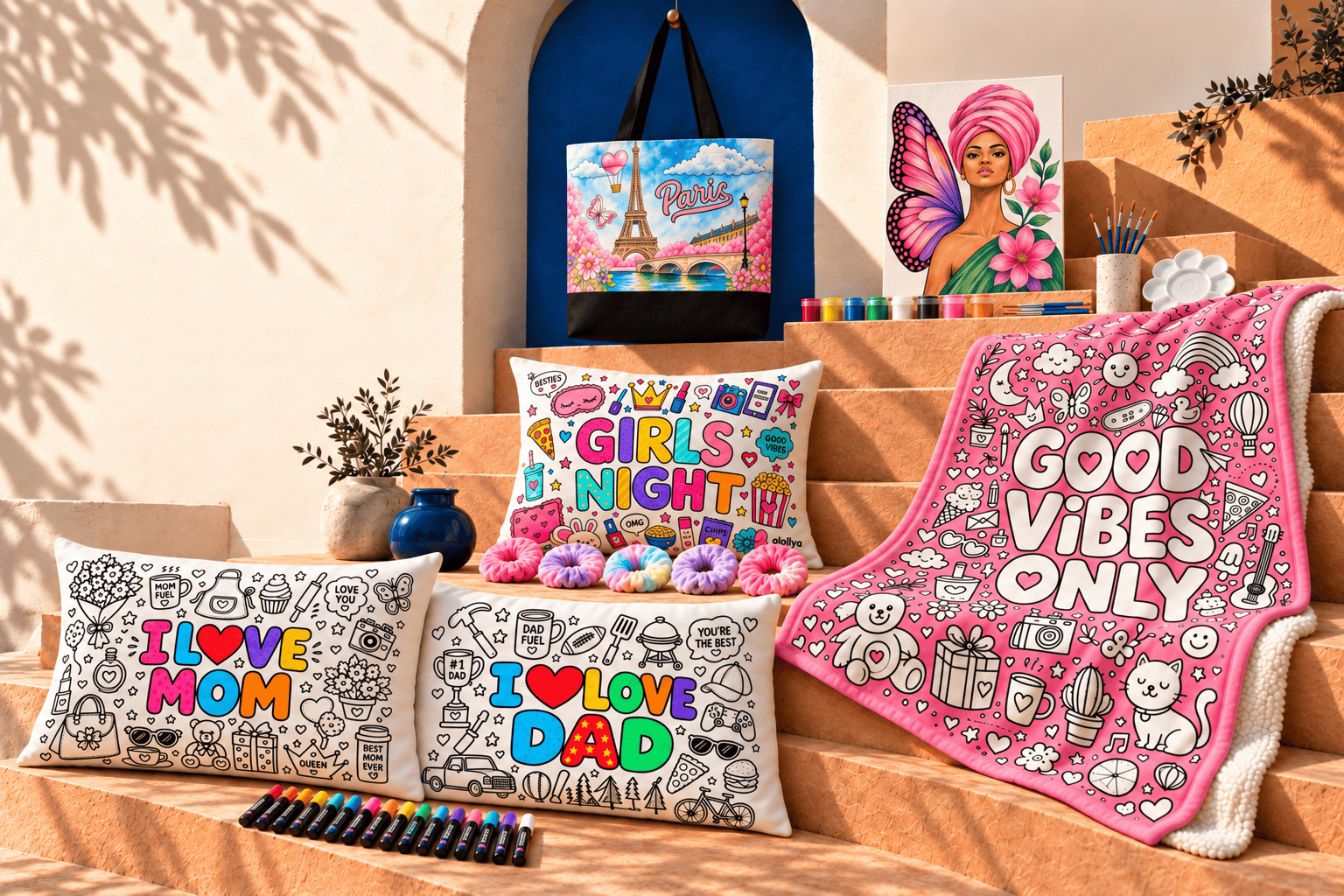 Atellya DIY craft kits on sunlit terracotta steps: Venice tote bag in a cobalt niche, woman and butterfly canvas, Girls Night and I Love Mom and Dad pillowcases, Good Vibes Only sherpa blanket, with paints, brushes and fabric markers