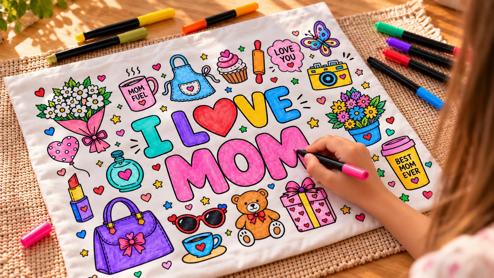 Child coloring an I Love You Mom pillowcase