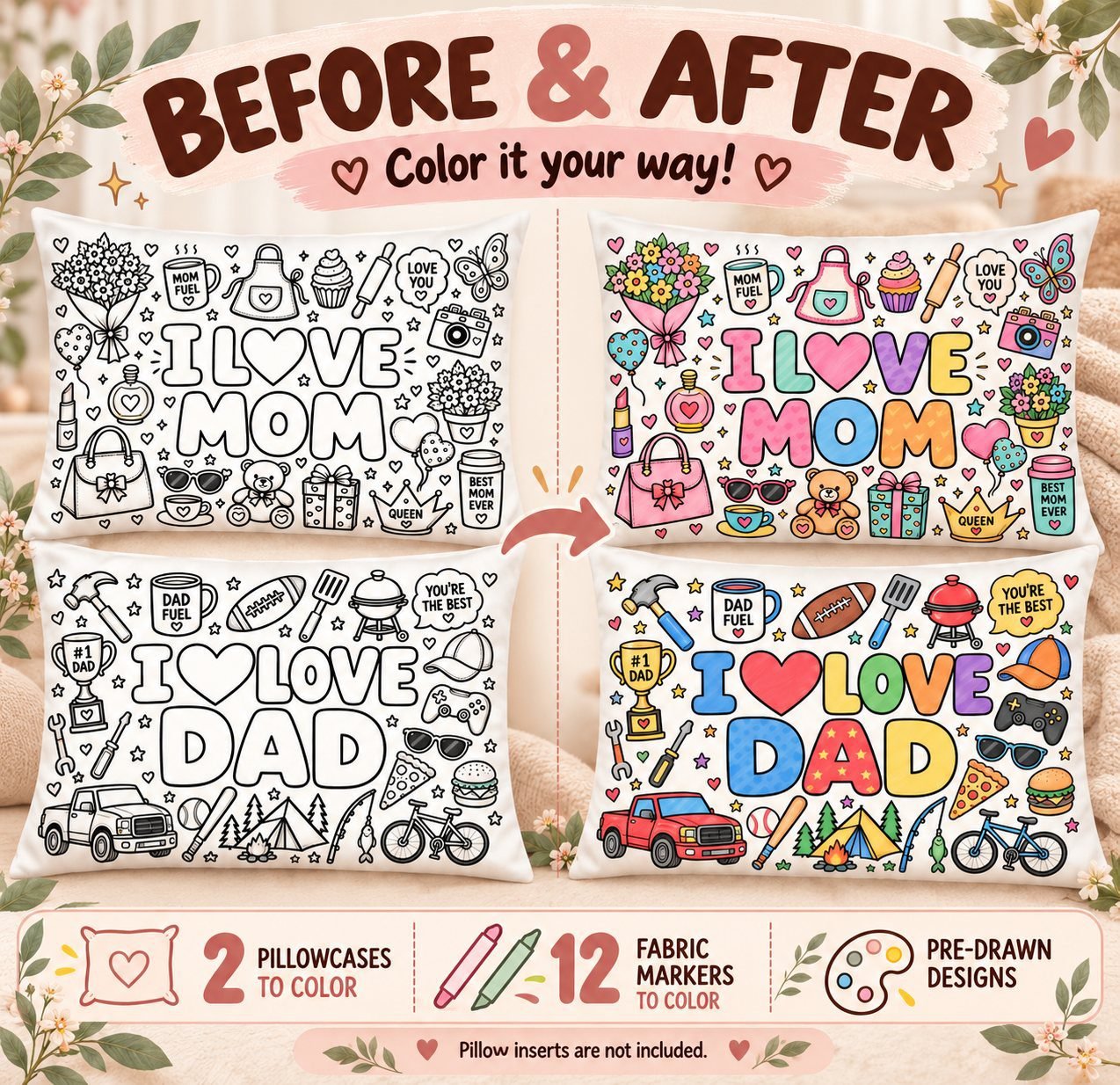 Mom and Dad pillowcases before and after coloring